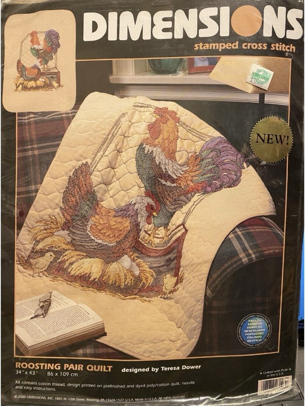 Vintage 2000 Dimensions Stamped Cross Stitch Kit Roosting Pair Quilt 34x43 Farm